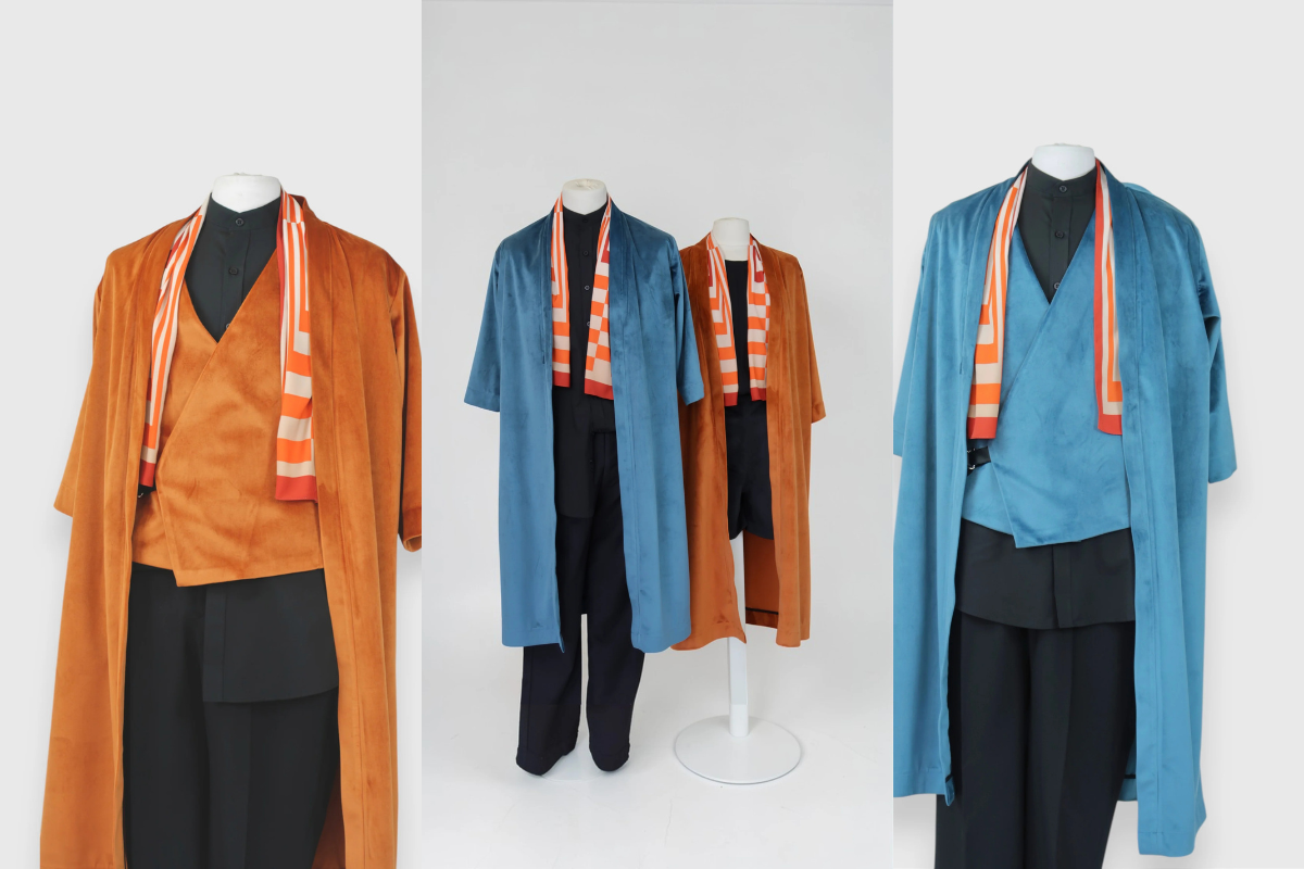Caftán de lino mujer en tonos naranja y azul, modelo holgado con escote en V